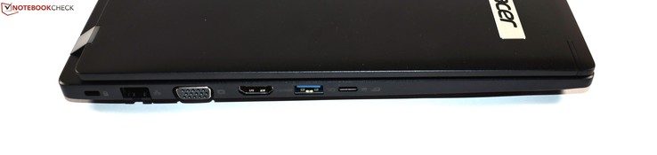 Vänster: Kensington-lås, RJ45 Ethernet, VGA, HDMI, USB 3.0 Typ A, USB 3.1 Gen 1 Typ C