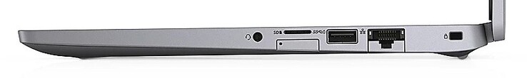 Höger: Kombinerad ljudanslutning, SIM-plats (underst), microSD-läsare (överst), USB 3.1 Gen 1 Typ A, Gigabit LAN, Noble-lås