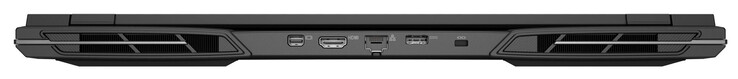 Baksida: Mini DisplayPort 1.4a (G-Sync), HDMI 2.1 (G-Sync), Gigabit Ethernet, strömkontakt, Kensington-kortplats
