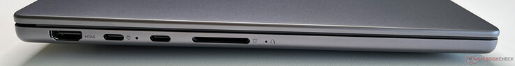 Vänster: HDMI 2.1, 2x USB-C 4.0 (40 GBit/s, DisplayPort Alt Mode 2.1, Power Delivery 3.0), SD-kortläsare
