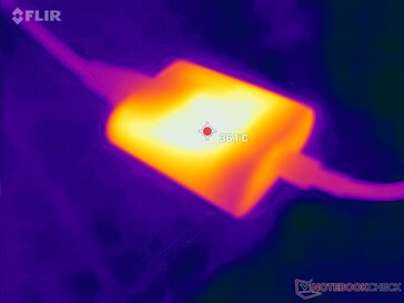 AC-adaptern kan nå över 36 C när du kör krävande belastningar