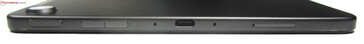 Höger: strömknapp med fingeravtryckssensor, mikrofon, USB-C 2.0, microSD-kortplats