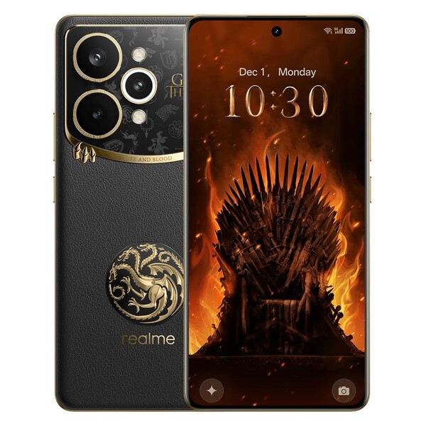 Realme 15 Pro Game of Thrones Limited Edition har en baksida i svart läder och guldfärgade accenter. (Bildkälla: Realme)