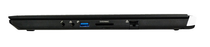 Höger: 3.5 mm mikrofon, 3.5 mm headset, USB 3.0, SDXC-kortläsare, mini-SIM, Gigabit RJ-45, Kensington Lock (Källa: Eurocom)