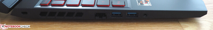 Vänster: Kensington-lås, RJ45 ethernet, 2x USB-A, 3.5 mm hörlursanslutning