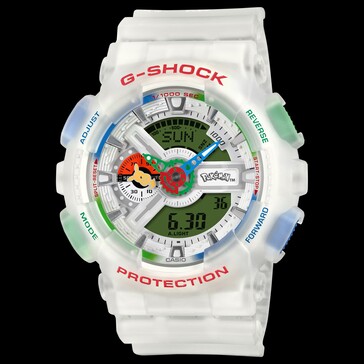 Framsidan av Casio G-Shock Pokémon 30th Anniversary GA-110PKM-7A mot en svart bakgrund.