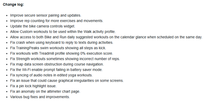 Ändringsloggen för Garmin Public Beta Version 23.09 för Forerunner 955 smartwatch. (Bildkälla: Garmin)