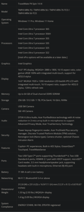 TravelMate P4 Spin 14 AI-specifikationer