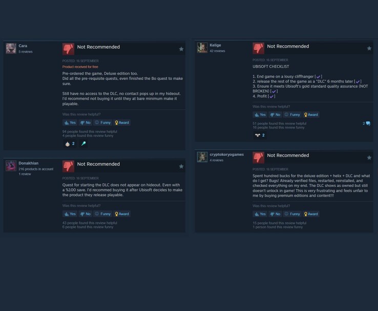 Steam-användarrecensioner som kritiserar Ubisoft DLC-problem, med flera spelare som markerar innehållet som inte rekommenderat (Bildkälla: Steam)