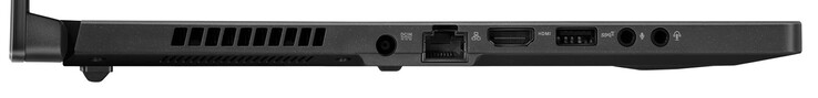 Vänster: AC-adapter, Gigabit Ethernet, HDMI, USB 3.2 Gen 2 (Typ A), Mikrofoningång, Hörlursingång