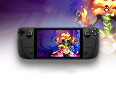 En Steam Deck-enhet på en livlig bakgrund (Bildkälla: Steam; redigerad)