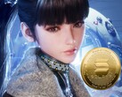 Stellar Blade-karaktären Eve bredvid kryptovaluta (Bildkälla: Shift Up, Amazon med redigeringar)