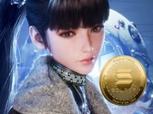 Stellar Blade-karaktären Eve bredvid kryptovaluta (Bildkälla: Shift Up, Amazon med redigeringar)