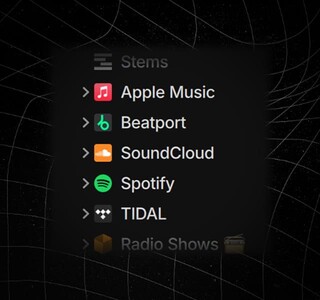 Svart ruta med logotyperna för de streamingtjänster som finns tillgängliga i Serato