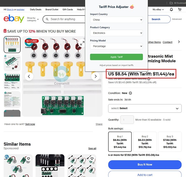 Tariff Price Adjuster i aktion på eBay
