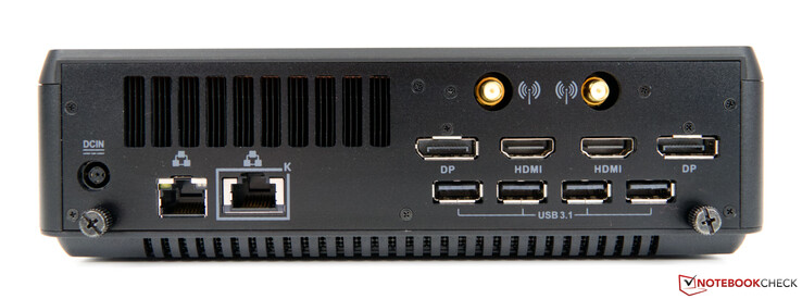 Baksida: strömport, Dual-LAN (1G och 2,5G), 4x USB 3.1 Type-A, 2x DisplayPort, 2x HDMI, 2x WLAN-antenner