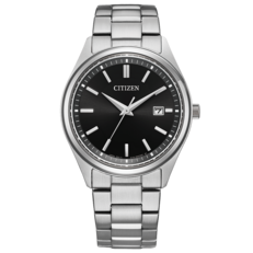 Citizen BM1350-54E Eco-Drive-klocka med svart solstråleurtavla, boett och armband i rostfritt stål, stavformade timmarkeringar och datumvisning vid klockan 3.