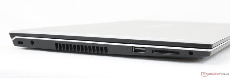 Till vänster: Kensingtonlås, AC-adapterport, USB-A 2.0, SD-kortläsare, 3,5 mm kombinationsljud