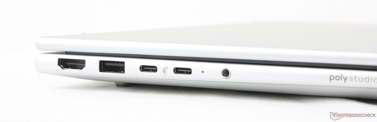 Vänster: HDMI 2.1, USB-A (5 Gbps), 2x USB-C 4.0 med DisplayPort 1.4 + Power Delivery (40 Gbps)