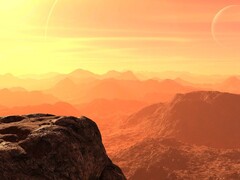 En konstnärsillustration som visar ett landskap på en exoplanet.