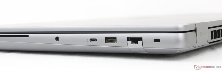 Höger sida: Smartkortläsare, 3,5 mm headset, USB-C Thunderbolt 4 med DisplayPort 2.1 + Power Delivery (40 Gbps), USB-A (10 Gbps), RJ-56 (2,5 Gbps), låsplats