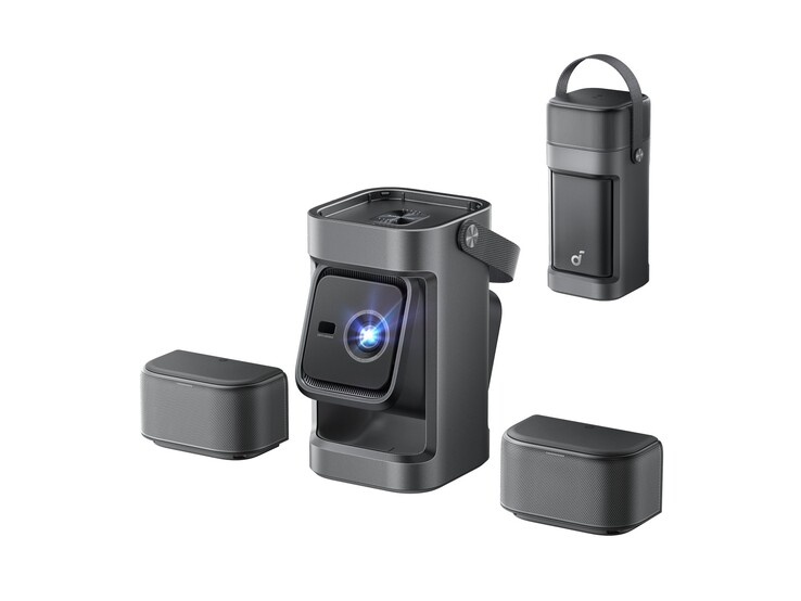 Soundcore Nebula P1-projektorn har två avtagbara 10 W-högtalare, ett bärhandtag och en 130-graders dubbelarmad gimbal. (Bildkälla: Anker)
