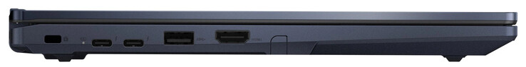 Till vänster: port för kabellås, 2x Thunderbolt 4 (USB-C; PowerDelivery, DisplayPort), USB 3.2 Gen 1 (typ A), HDMI, plats för digital penna