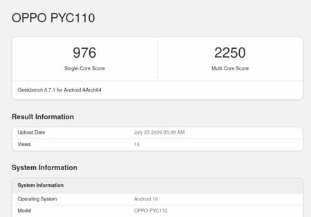 Oppo A7 Pro Max (PYC110) i Geekbench 6.7.1-listan