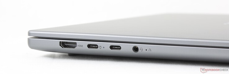 Vänster: HDMI 1.4b, 2x USB-C med DisplayPort 1.4 + Power Delivery 3.0, 3,5 mm headset, OneKey Recovery