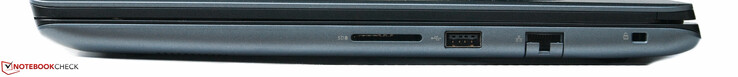 Höger sida: SD-kortläsare, 1 x USB-port, 1 x Ethernet-port, Noble-säkerhet