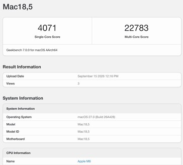 Apple M6:s resultat i Geekbench 7.