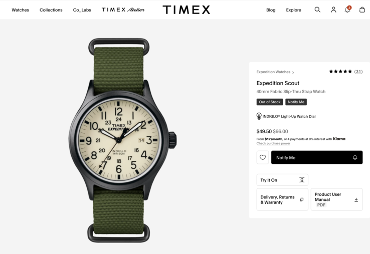Denna Timex Expedition Scout-modell kostar till exempel 50 dollar. Synd bara att den är slut i lager.