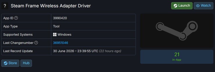Drivrutinen för Steam Frame Wireless Adapter finns listad på SteamDB.