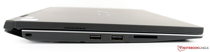 Vänster sida: Kensington-lås, 2x USB 2.0 Typ A, SD-kortläsare