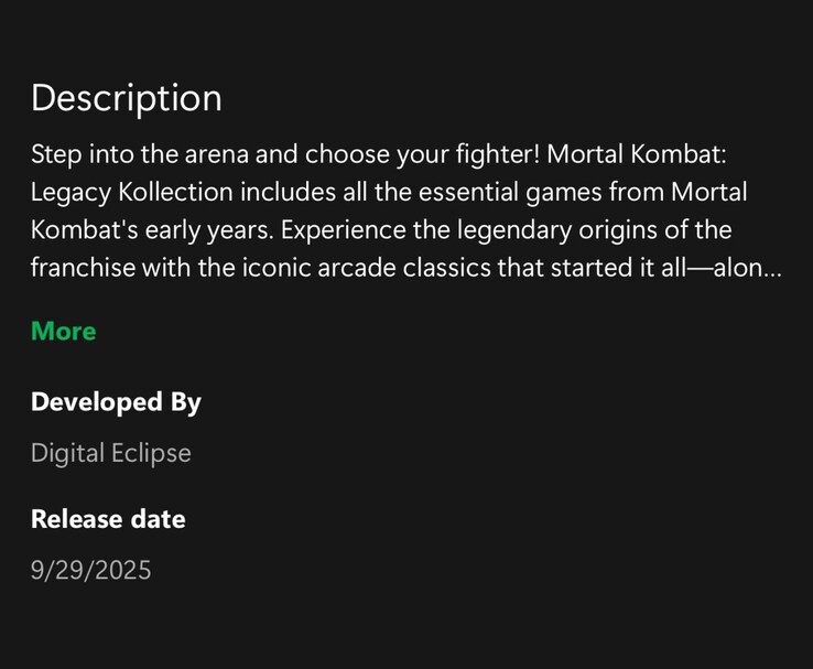 Läckt Xbox-applistning för Mortal Kombat: Legacy Kollection avslöjar en lansering den 29 september 2025 (Bildkälla: u/ByrdofMemes via Imgur, ursprungligen delad på Reddit)