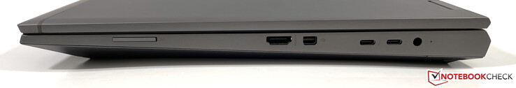 Höger sida: SD-kortläsare, HDMI 2.0b, Mini-DisplayPort 1.4, 2x Thunderbolt 4 (USB 4, 40 Gbps), strömförsörjning