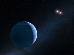 En illustration som visar en exoplanet och två röda stjärnor.