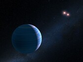 En illustration som visar en exoplanet och två röda stjärnor.
