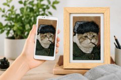 Bigme digital fotoram som visar ett AI-genererat porträtt av ett husdjur