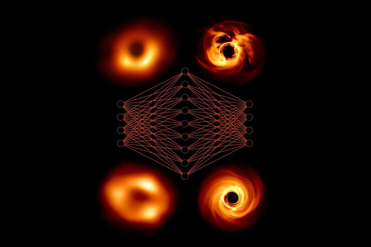 Konceptuell framställning av ett neuralt nätverk som länkar observationer till modeller. (Bildkälla: EHT Collaboration/Janssen m.fl.)