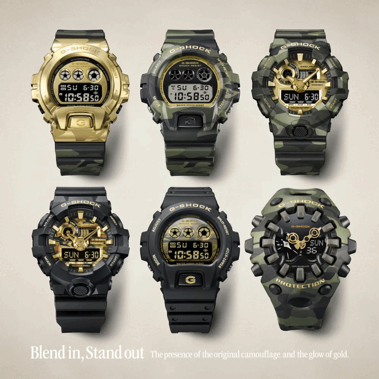 G-Shock GM-6900CMG-3, DW-6900CMG-3, GA-700CMG-3AJF, GA-700CF-1A, DW-6900CF-1 och GA-V01CMG-3A (namnen börjar uppifrån vänster och går åt höger)