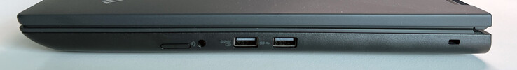 Höger: SIM-kortplats (tillval), 3,5 mm ljuduttag, USB-A 3.2 Gen. 1 (5 GBit/s, strömförsörjd), USB-A 3.2 Gen. 1 (5 GBit/s), Kensington-kortplats