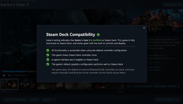 Baldur's Gate 3 Steam Deck verifierad beskrivning (Bildkälla: skärmdump, Steam)