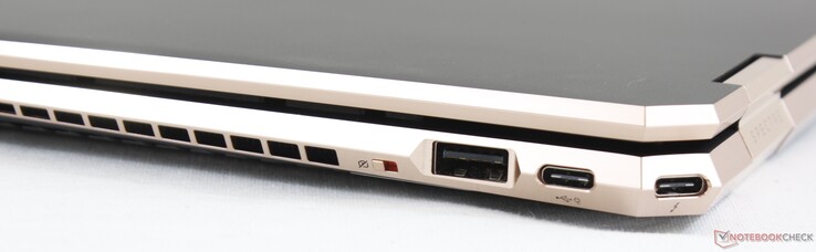 Höger: Hårdvarubrytare för webbkameran, USB 3.1 Gen. 1 Typ A, 2x USB Typ C + Thunderbolt 3