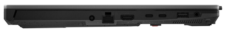 Vänster sida: Strömkontakt, Gigabit Ethernet, HDMI, USB 4 (USB-C; DisplayPort), USB 3.2 Gen 2 (USB-C; Power Delivery, DisplayPort), USB 3.2 Gen 1 (USB-A), ljudkombination