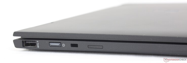Vänster: USB-A 5 Gbps, Startknapp, Kabellås, Nano-SIM plats