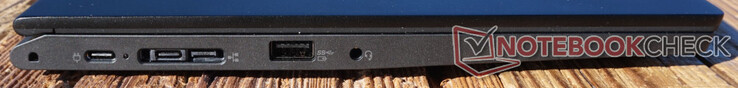 Till vänster: USB-C (10 Gbps, PD), Lenovo Side Dock (USB-C (10 Gbps, PD) integrerad), USB-A (10 Gbps, alltid på), 3,5 mm-uttag (headset)