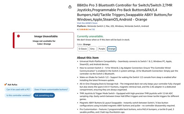 8BitDo Pro 3 Bluetooth controller kommer att finnas tillgänglig i Orange enligt denna Amazon-lista. (Bildkälla: Amazon)