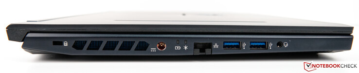 Vänster sida: Kensington-lås, fläktventiler, nätadapter, Ethernet, 2x USB 3.2 Typ A, 3.5 mm ljudanslutning