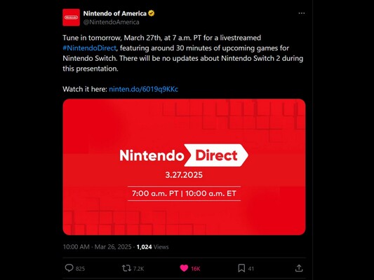 Nintendo Direct 27 mars X-tillkännagivande (Bildkälla: skärmdump, Nintendo of America X-konto)